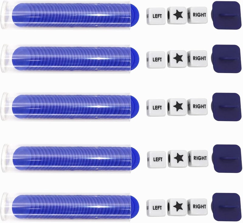 Ahoper Right Left Center Dice Game Prime Set Bundle with 3 Dices + 30 Chips. Round Tube Storage is Very Convenient for Travel. Easy to Store, Carry Around. (Blue 5 Pack) - Image 3